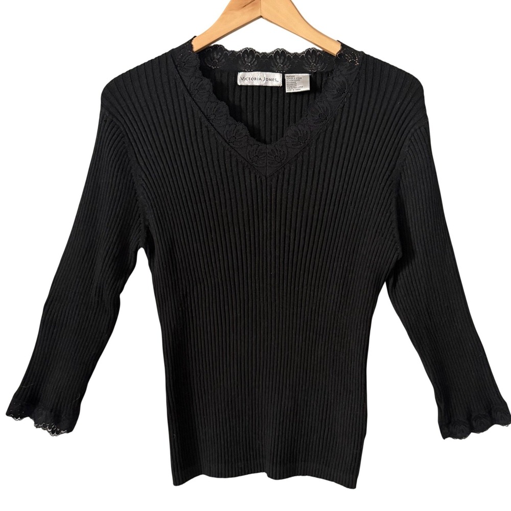 Victoria Jones Sz XL Whimsigoth Black Ribbed Lace Trim Sweater Top 3/4 Sleeve
